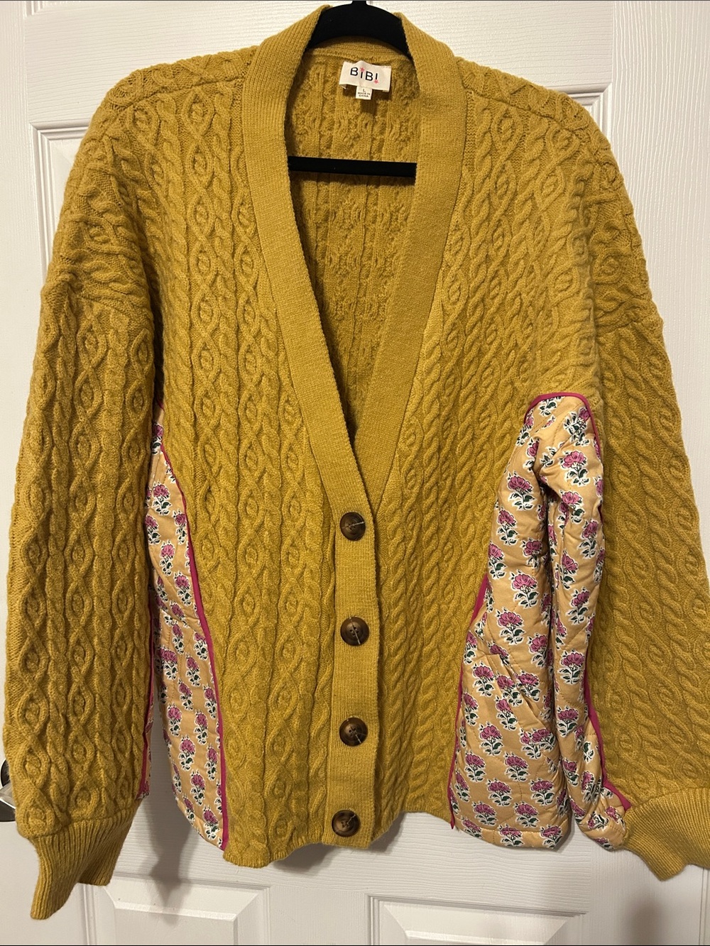BiBi Mustard Cable Knit Cardigan with Floral Side Panels